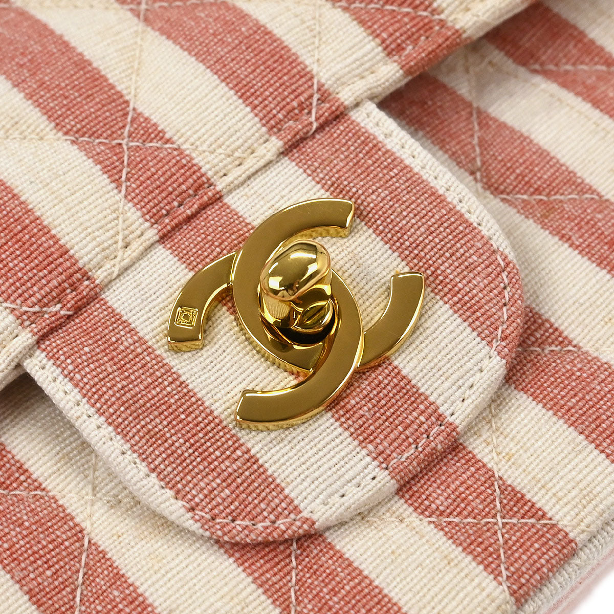 Chanel * Linen Striped Small Classic Double Flap Shoulder Bag
