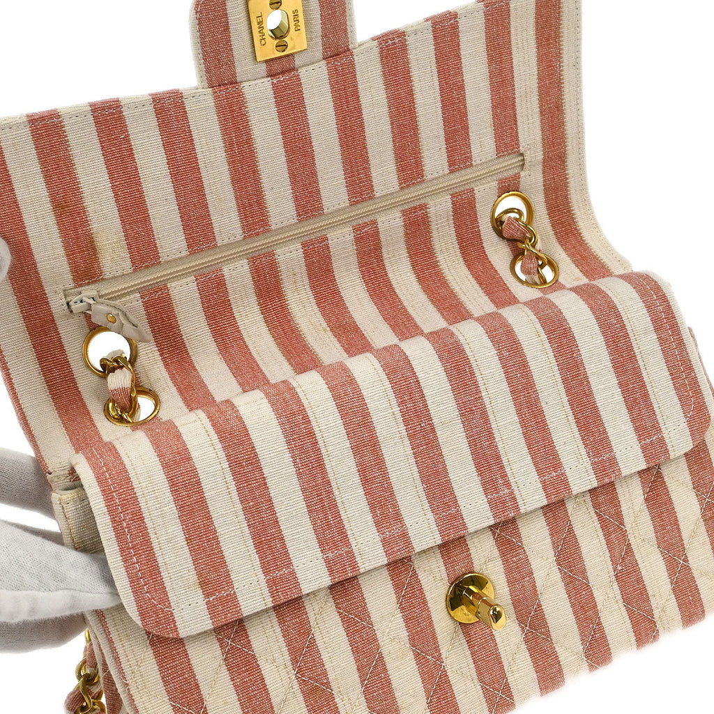 Chanel * Linen Striped Small Classic Double Flap Shoulder Bag