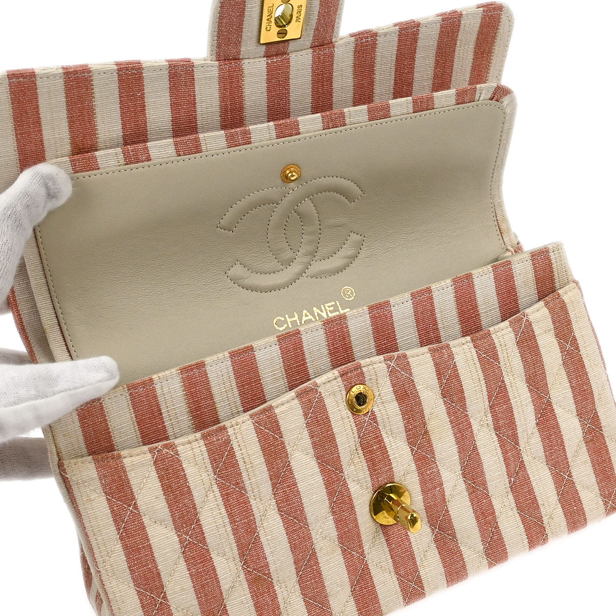Chanel * Linen Striped Small Classic Double Flap Shoulder Bag