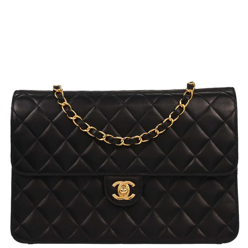 Chanel 2001-2003 Black Lambskin Turnlock Medium Half Flap Shoulder Bag