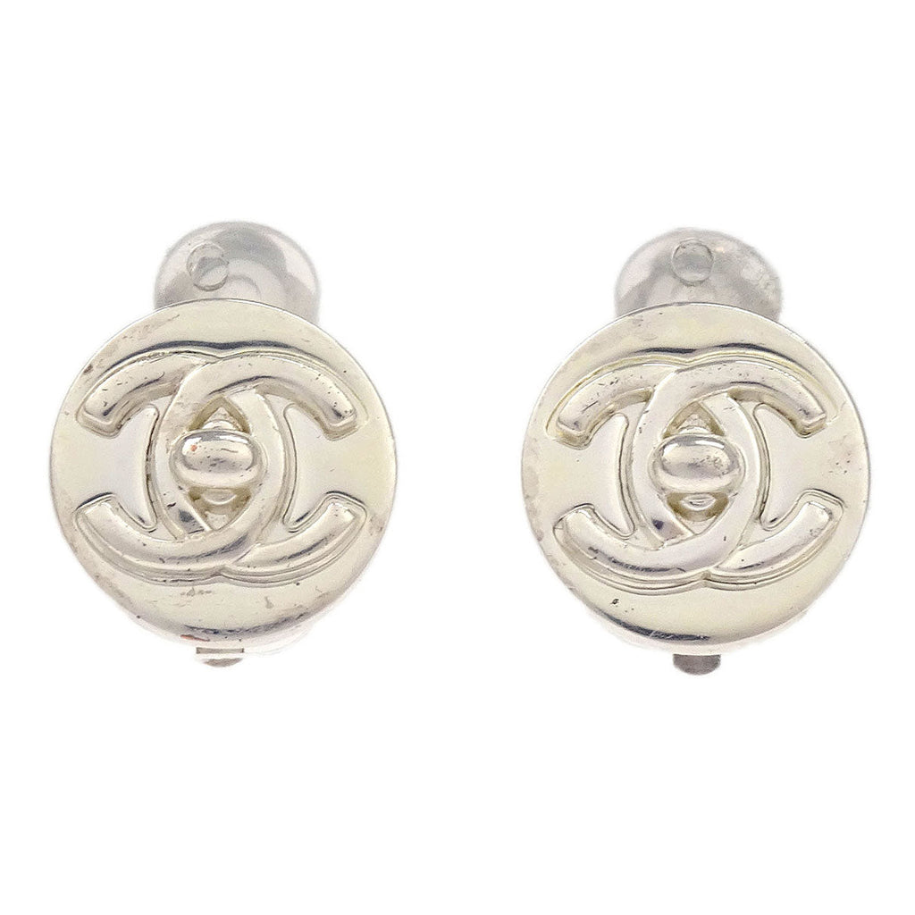 Chanel Turnlock Button Earrings Clip-On Silver 97A