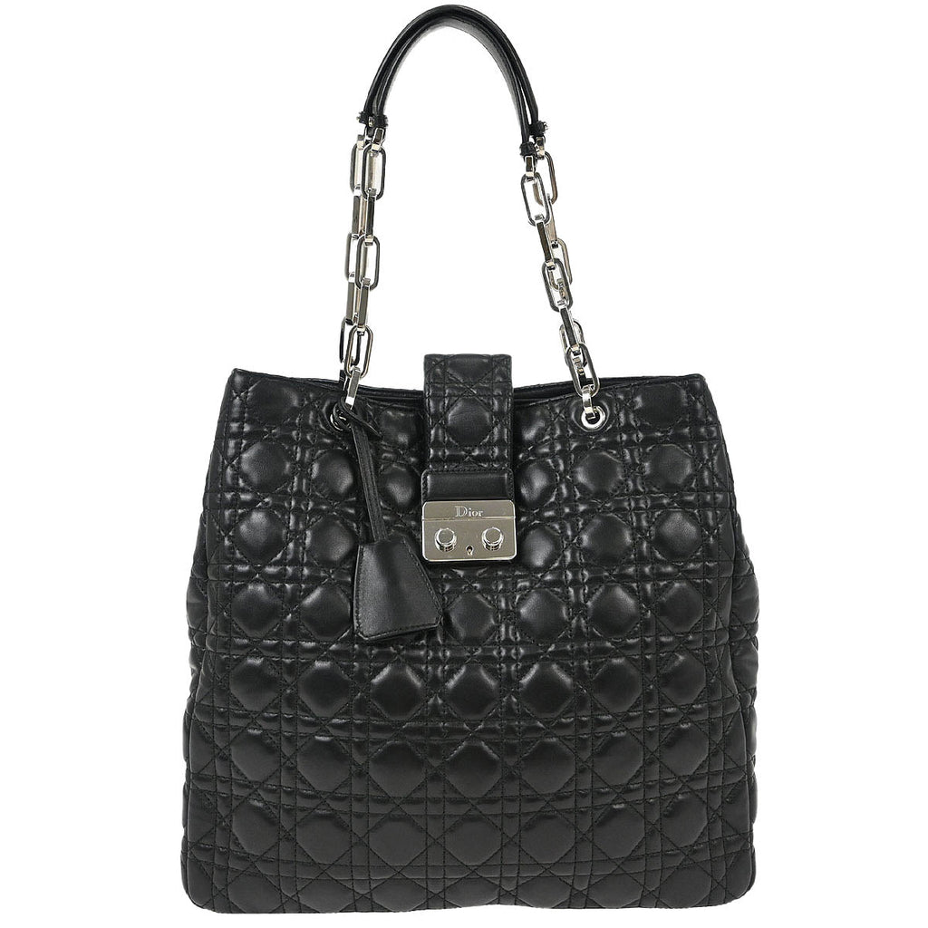 Christian Dior Black Lambskin Lady Dior Cannage Tote Handbag