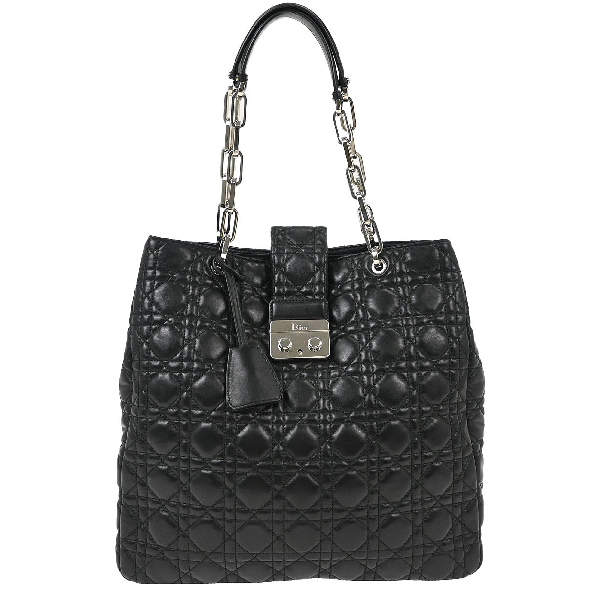 Christian Dior Black Lambskin Lady Dior Cannage Tote Handbag
