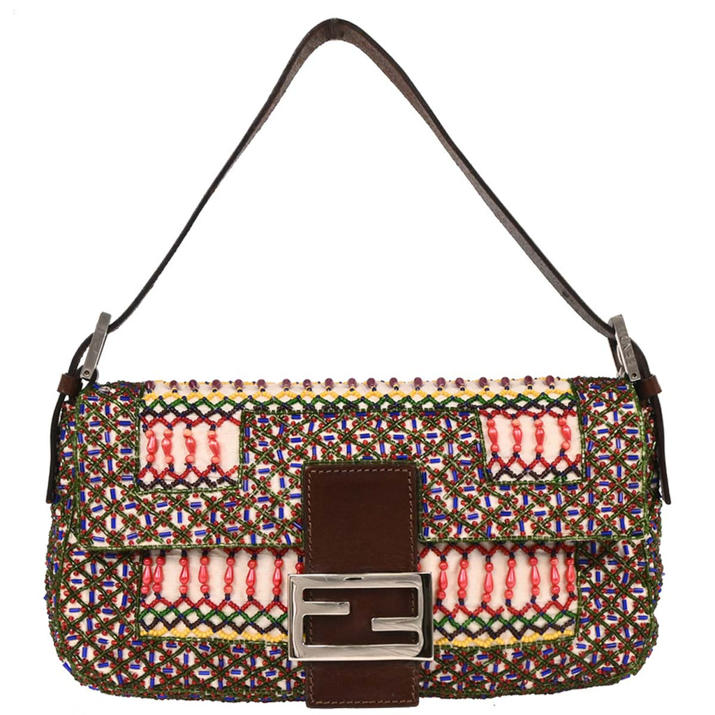 Fendi White Brown Canvas Beads Baguette Handbag