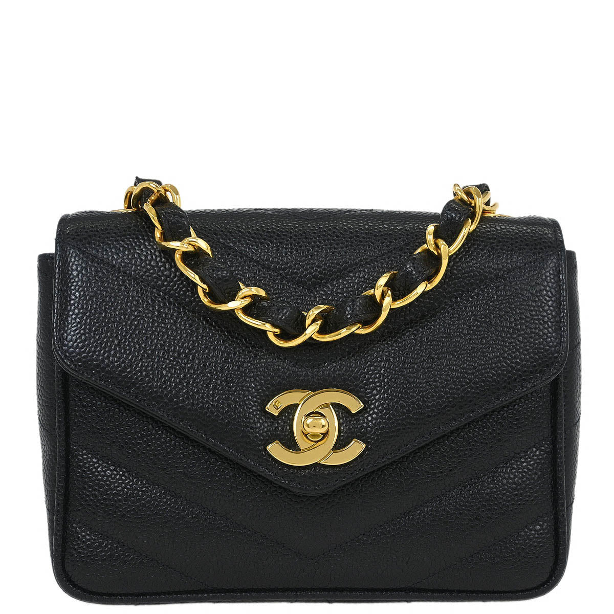 Chanel 1994-1996 Black Caviar Chevron Single Flap Shoulder Bag