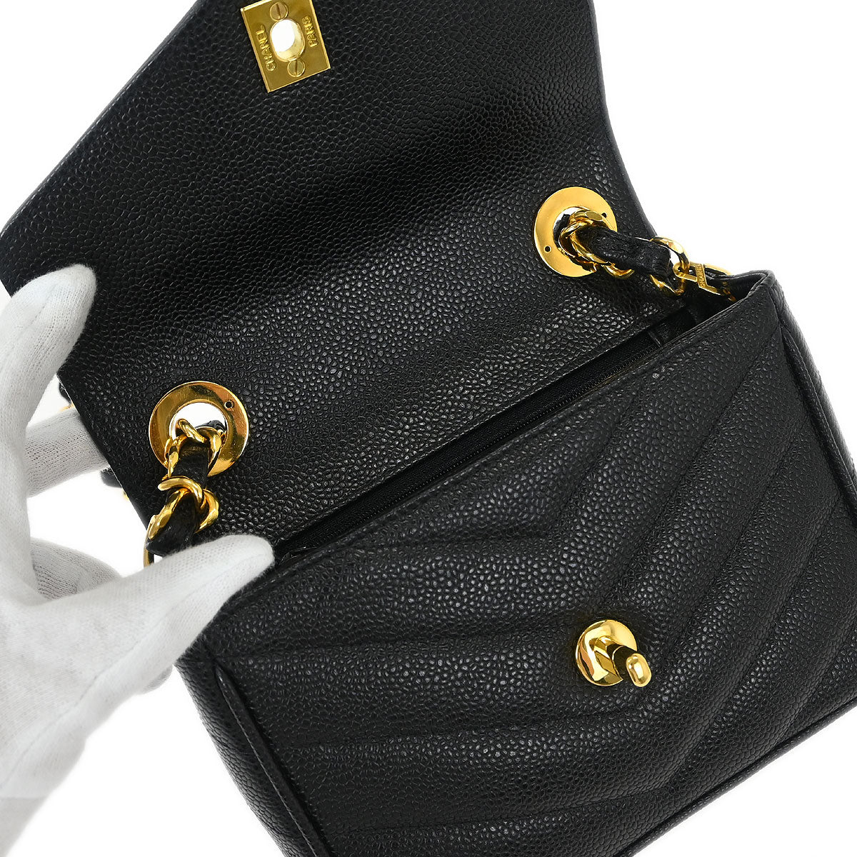 Chanel 1994-1996 Black Caviar Chevron Single Flap Shoulder Bag