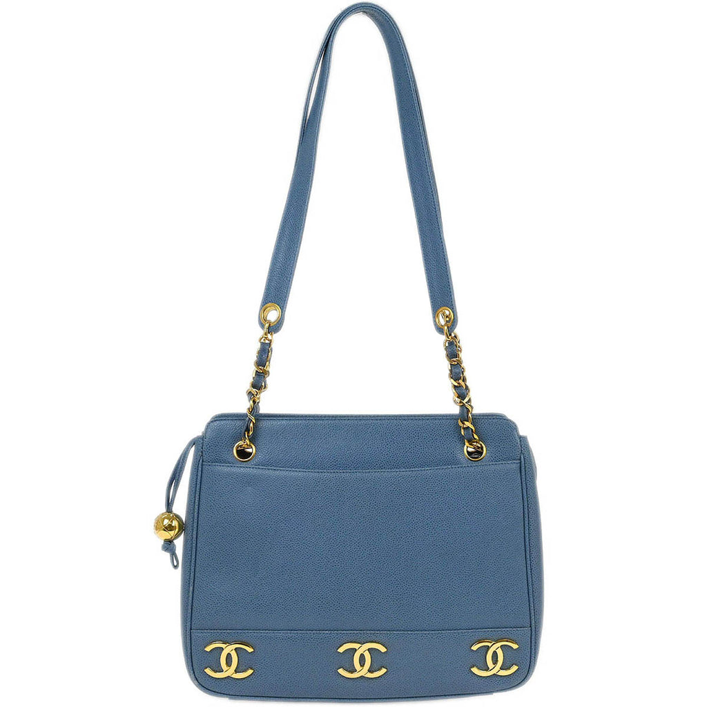 Chanel 1994-1996 Blue Calfskin Triple CC Shoulder Tote Bag