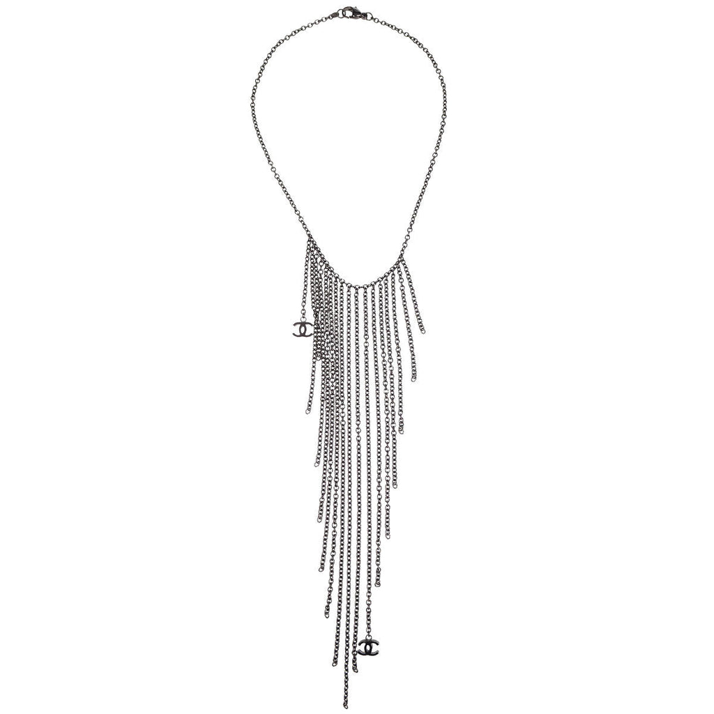 Chanel Fringe Chain Necklace Silver 02A