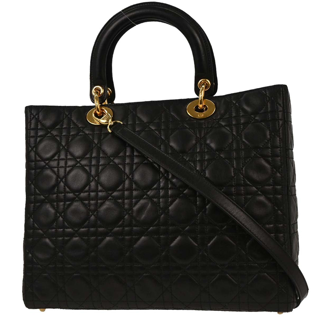 Christian Dior 1997 Black Lambskin Lady Dior Cannage 2way Shoulder Handbag