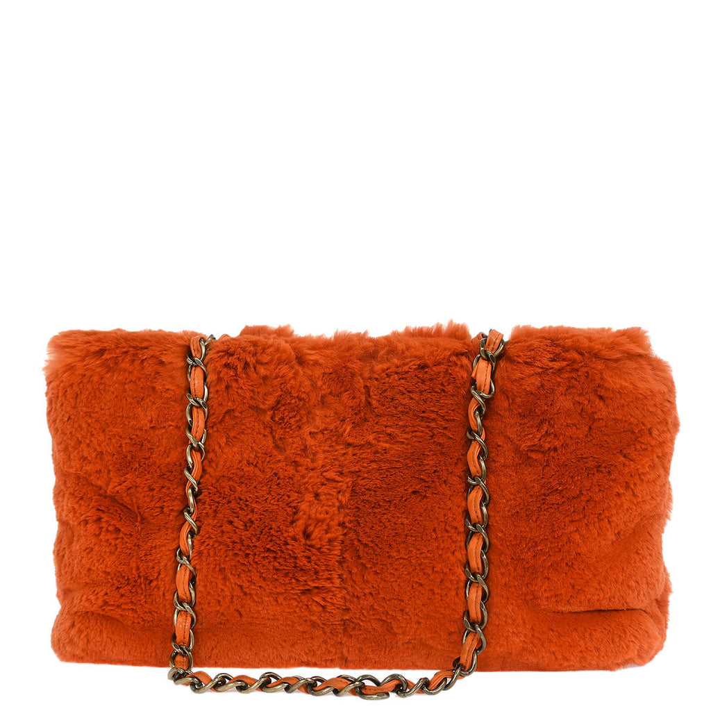 Chanel * Orange Rabbit Fur Tote Chain Handbag
