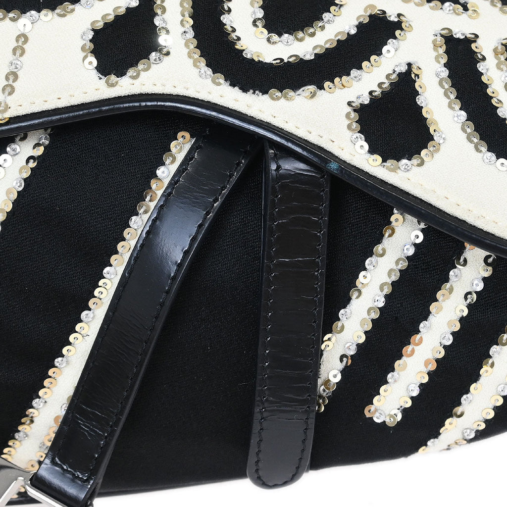 Christian Dior Black White Satin Sequins Saddle Handbag