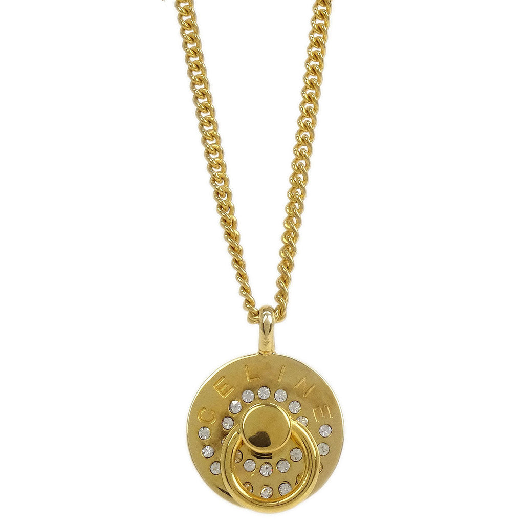 Celine Gold Chain Pendant Medallion Round Circle Necklace Rhinestone 89