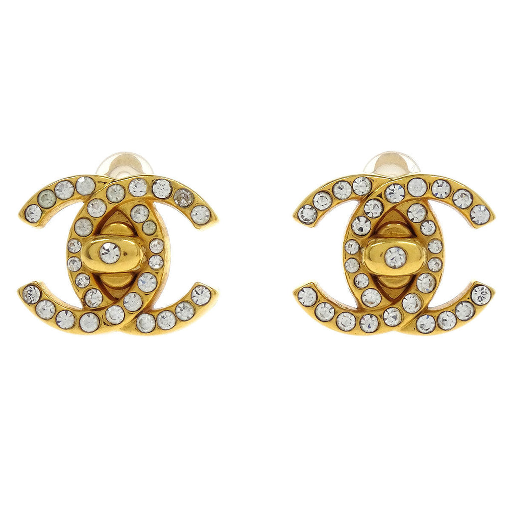 Chanel CC Turnlock Earrings Clip-On Gold Small Rhinestone 96A
