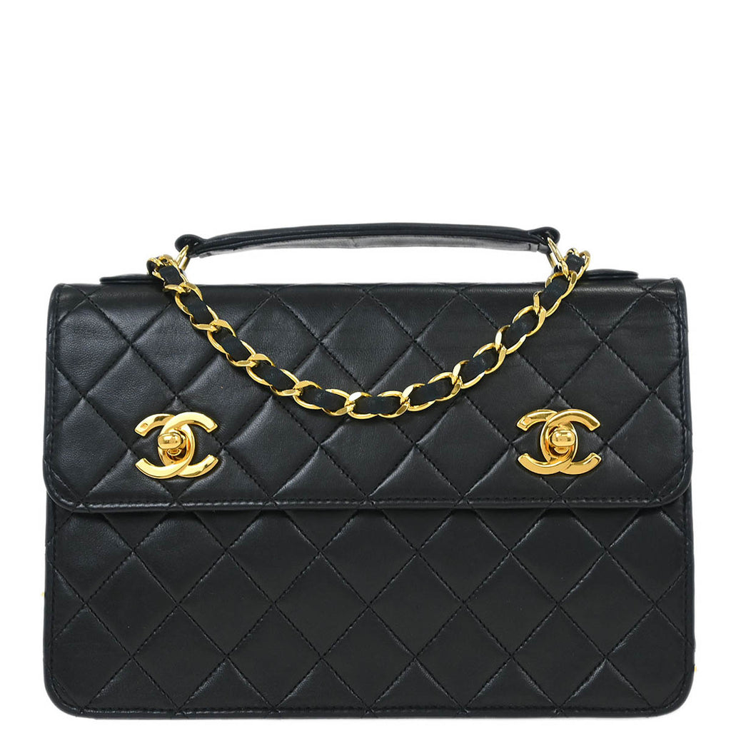 Chanel 1989-1991 Black Lambskin Double Turnlock Shoulder Bag