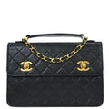Chanel 1989-1991 Black Lambskin Double Turnlock Shoulder Bag
