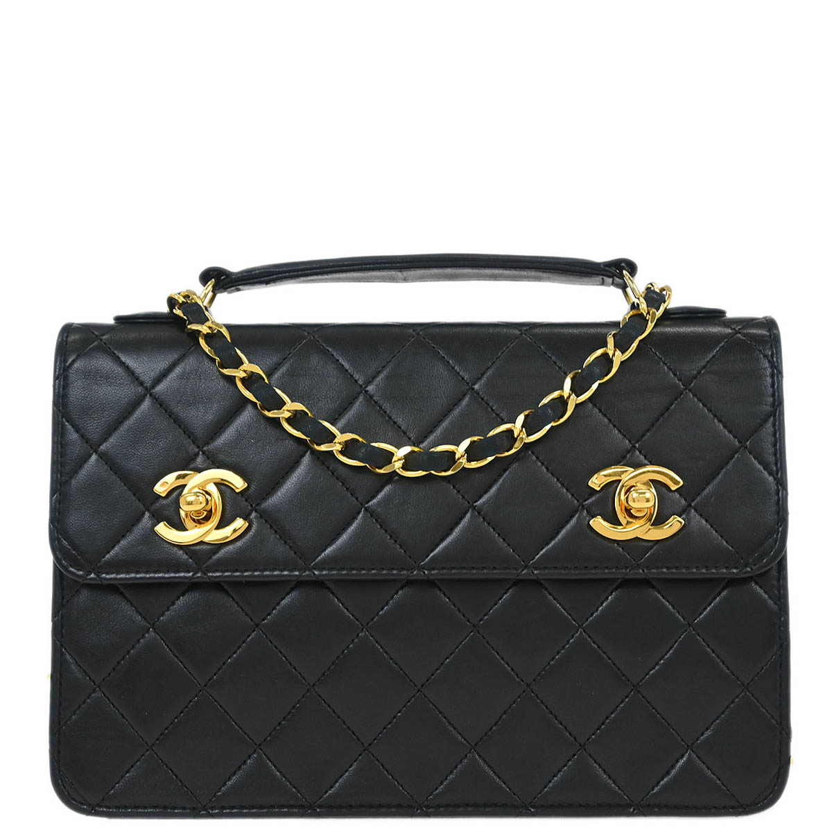 Chanel 1989-1991 Black Lambskin Double Turnlock Shoulder Bag