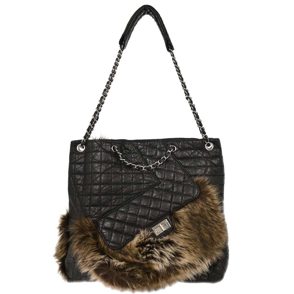 Chanel 2009-2010 Black Calfskin Faux Fur Mademoiselle Lock Shoulder Bag