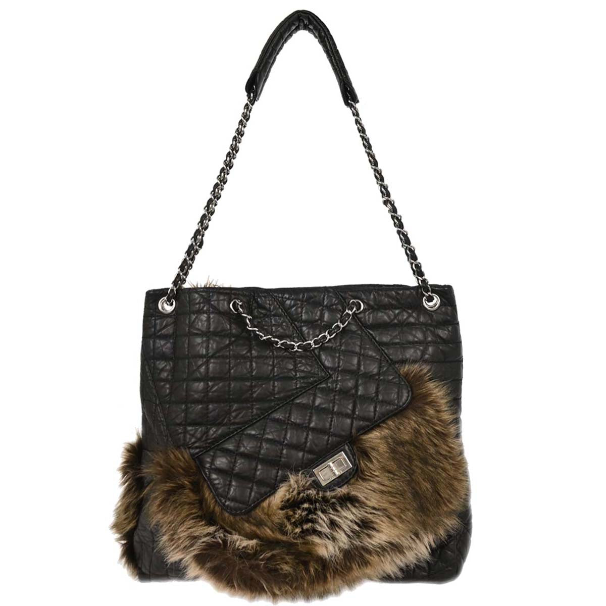 Chanel 2009-2010 Black Calfskin Faux Fur Mademoiselle Lock Shoulder Bag