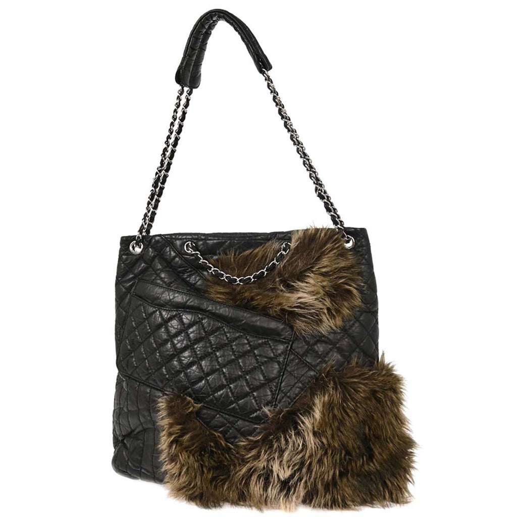 Chanel 2009-2010 Black Calfskin Faux Fur Mademoiselle Lock Shoulder Bag