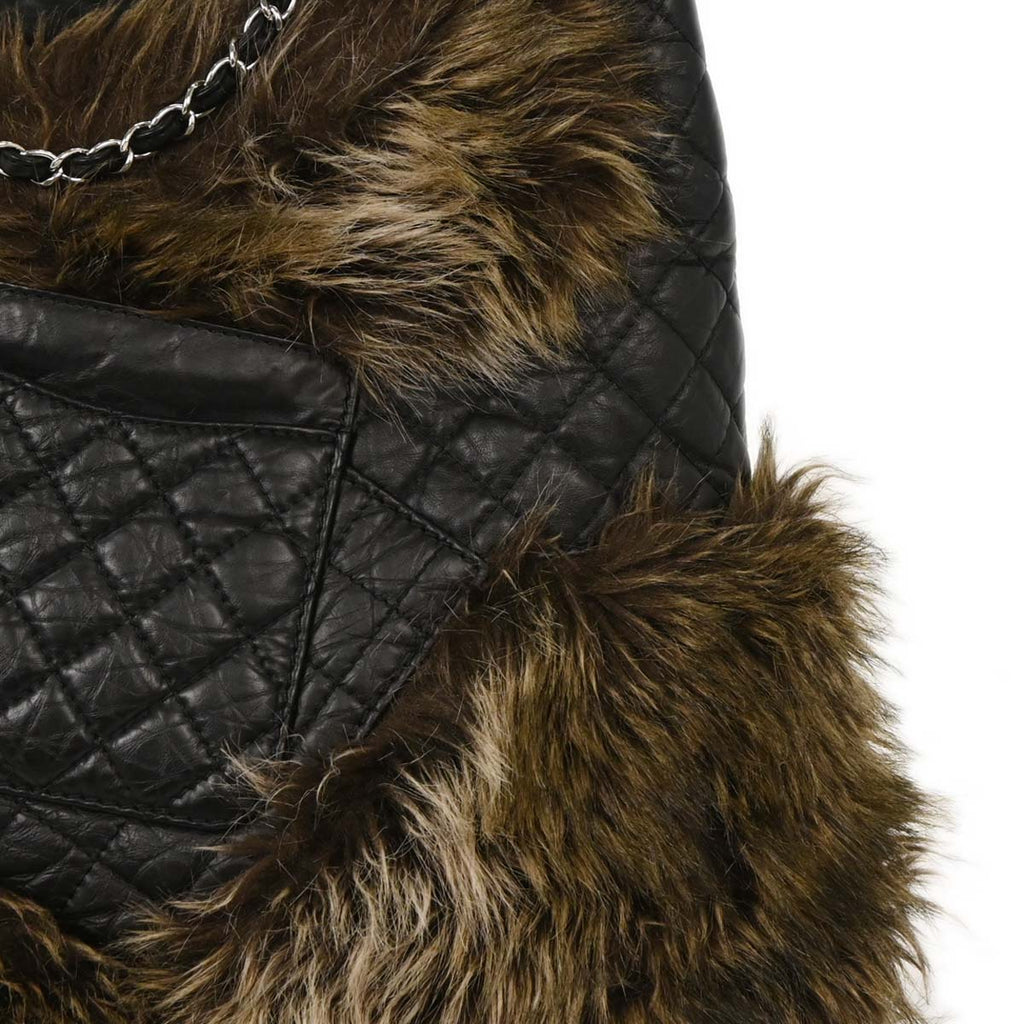 Chanel 2009-2010 Black Calfskin Faux Fur Mademoiselle Lock Shoulder Bag