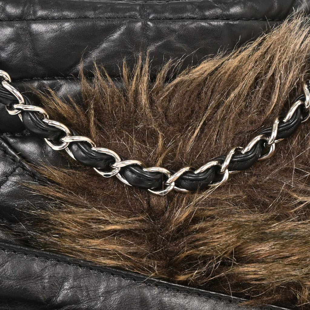 Chanel 2009-2010 Black Calfskin Faux Fur Mademoiselle Lock Shoulder Bag
