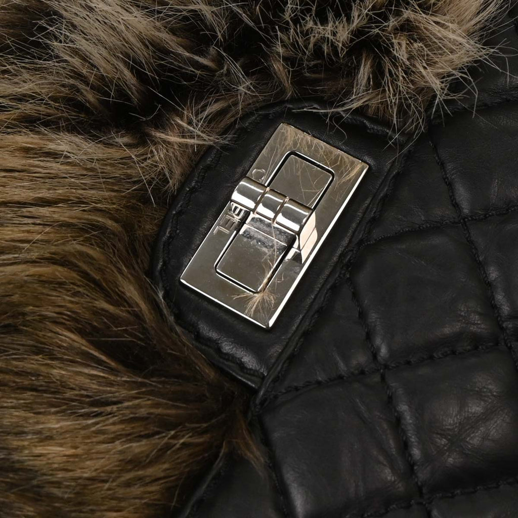Chanel 2009-2010 Black Calfskin Faux Fur Mademoiselle Lock Shoulder Bag