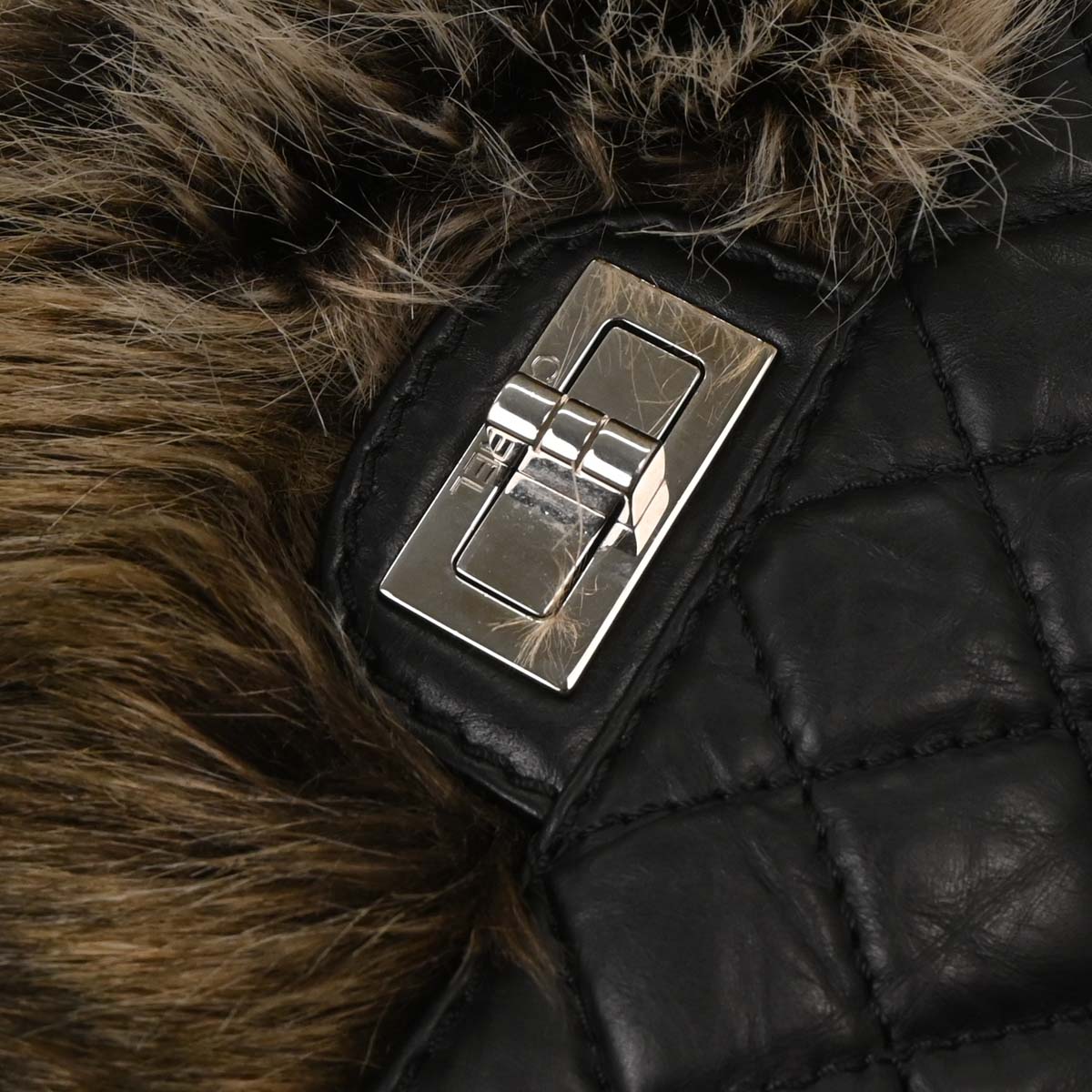 Chanel 2009-2010 Black Calfskin Faux Fur Mademoiselle Lock Shoulder Bag