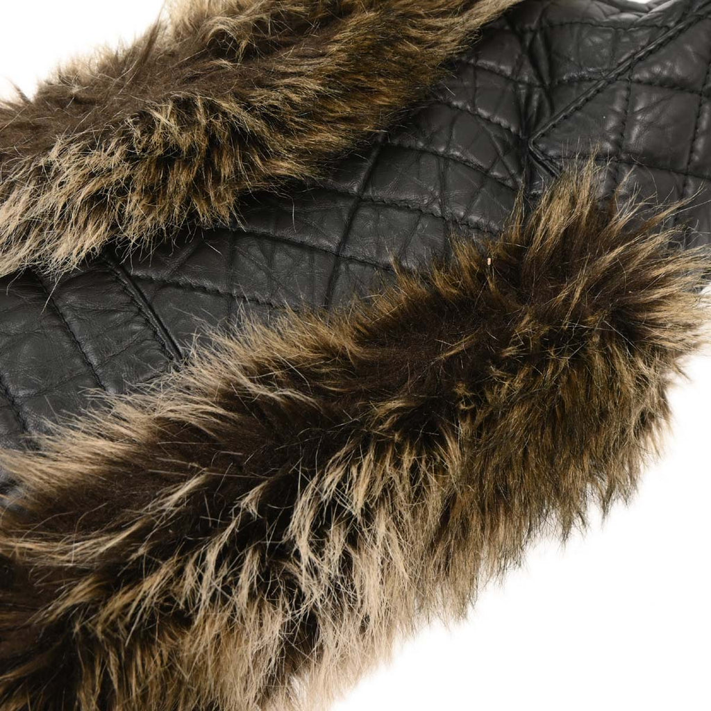 Chanel 2009-2010 Black Calfskin Faux Fur Mademoiselle Lock Shoulder Bag
