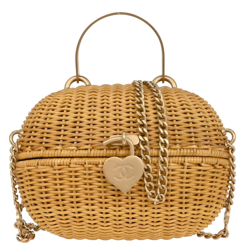 Chanel 2005-2006 Beige Rattan Heart Lock Basket Bag 2way Shoulder Handbag