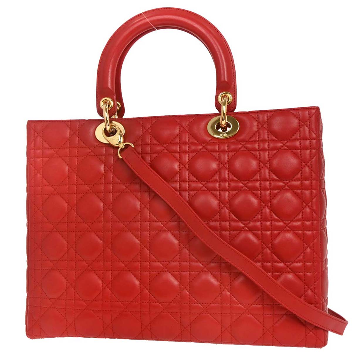 Christian Dior 1999 Red Lambskin Large Lady Dior 2way Shoulder Handbag