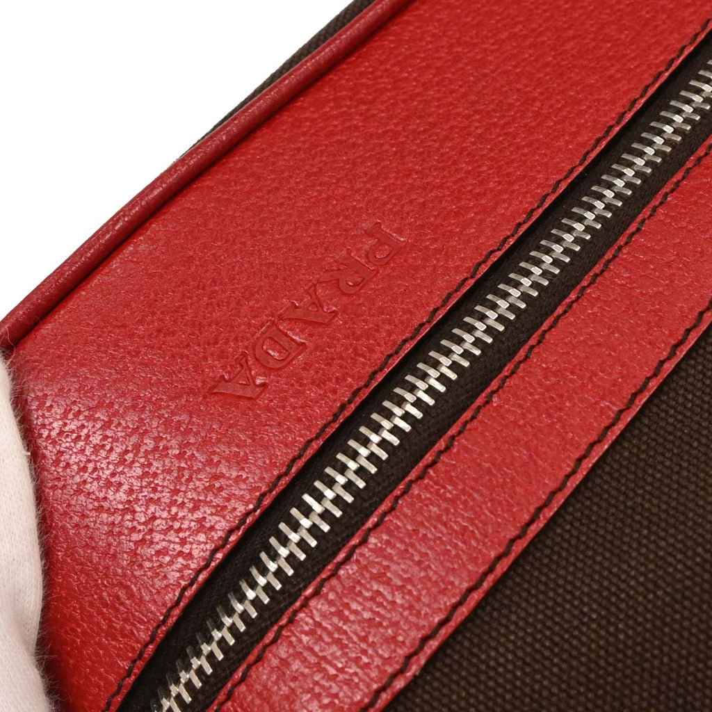 Prada Brown Red Canvas Leather Handbag