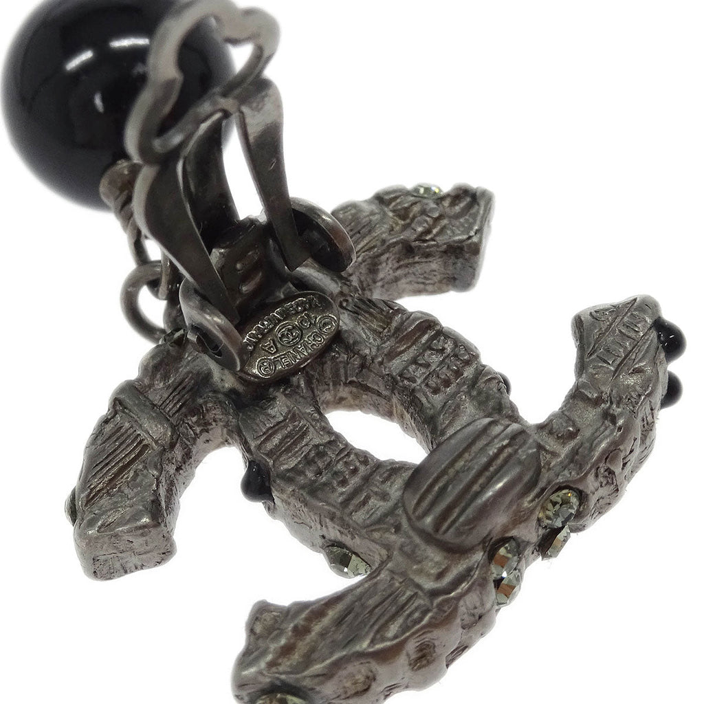 Chanel CC Earrings Clip-On Dangle Silver Rhinestone 10A