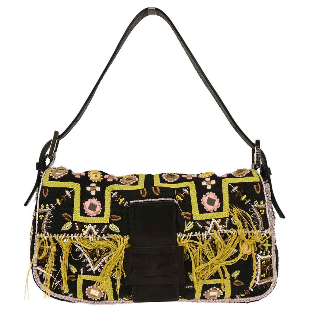 Fendi Black Canvas Beads Baguette Handbag
