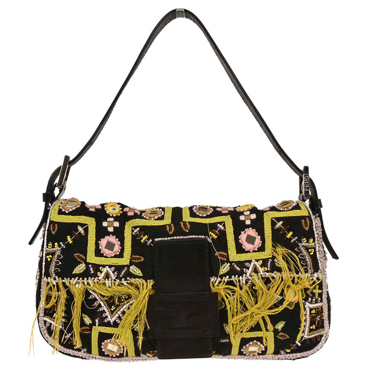 Fendi Black Canvas Beads Baguette Handbag