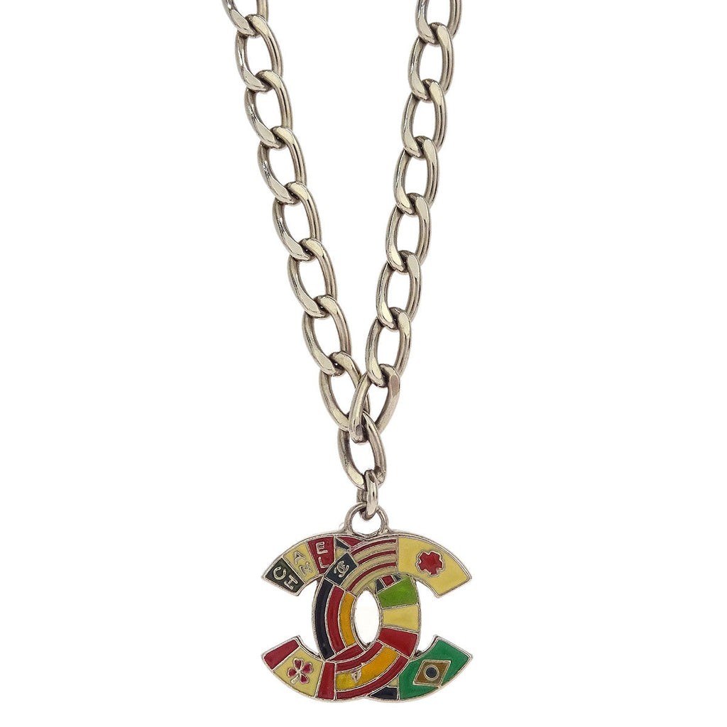 Chanel CC Chain Necklace Silver International Flags 03A