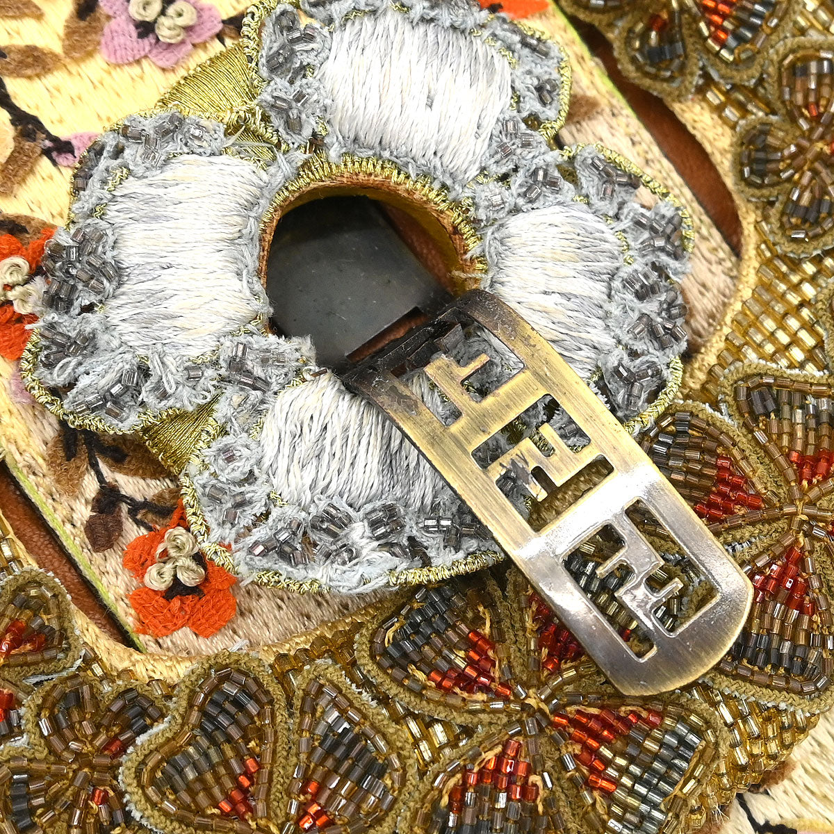 Fendi Brown Flower Motif Beaded Shoulder Bag