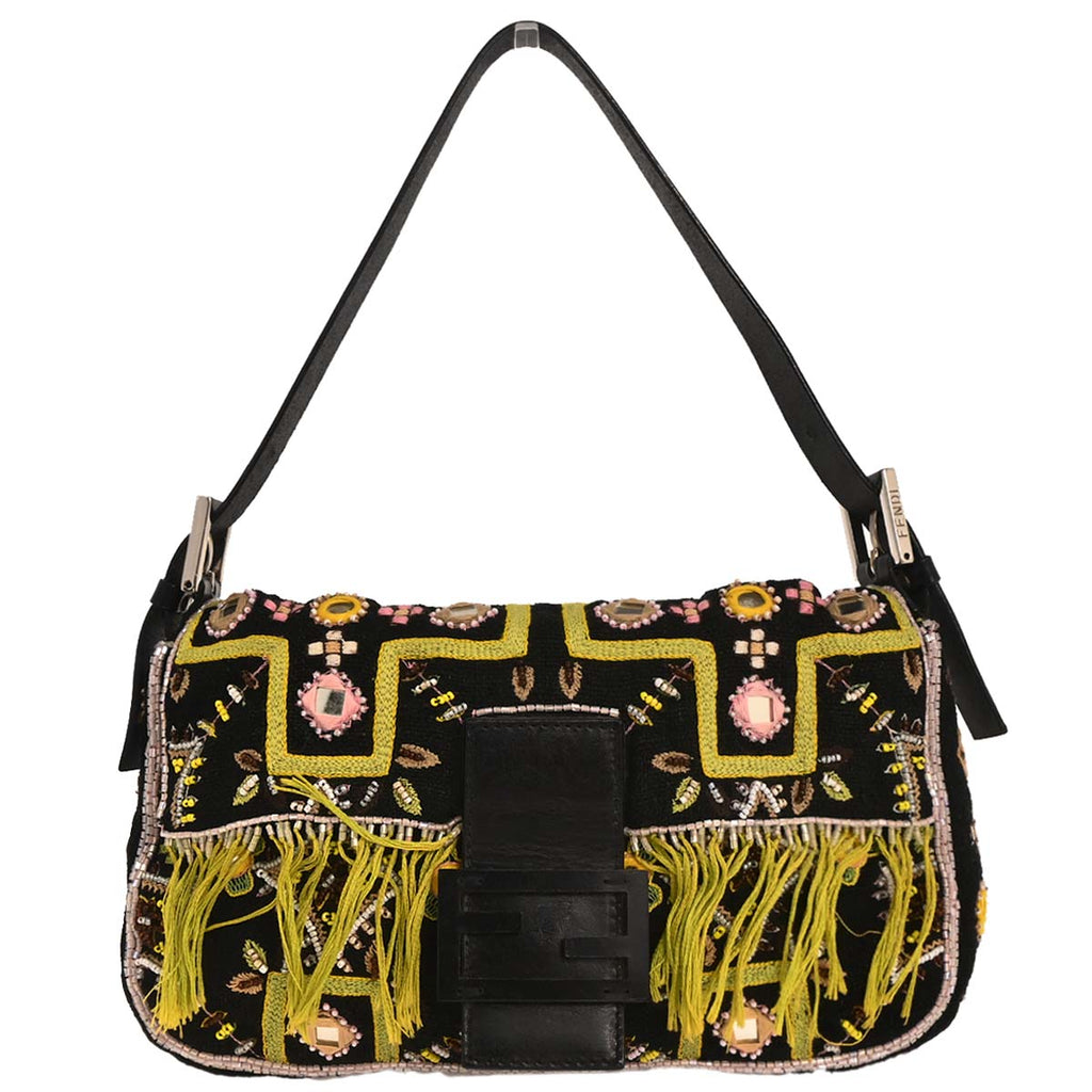 Fendi Black Cotton Beaded Embroidered Baguette Handbag