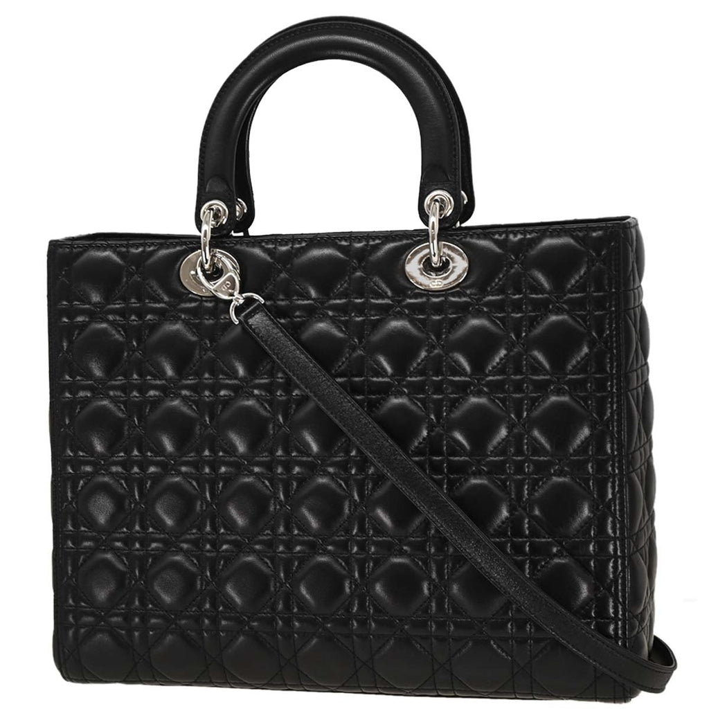 Christian Dior Black Lambskin Large Lady Dior Cannage 2way Shoulder Handbag
