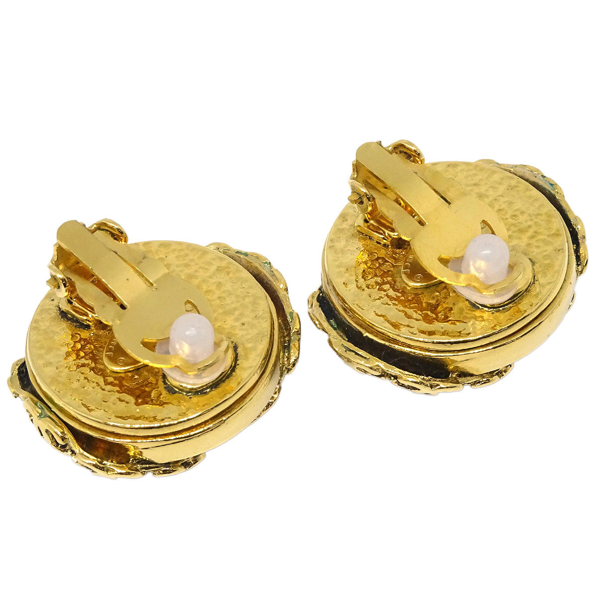 Chanel Button Earrings Clip-On Gold Costume Pearl 94P
