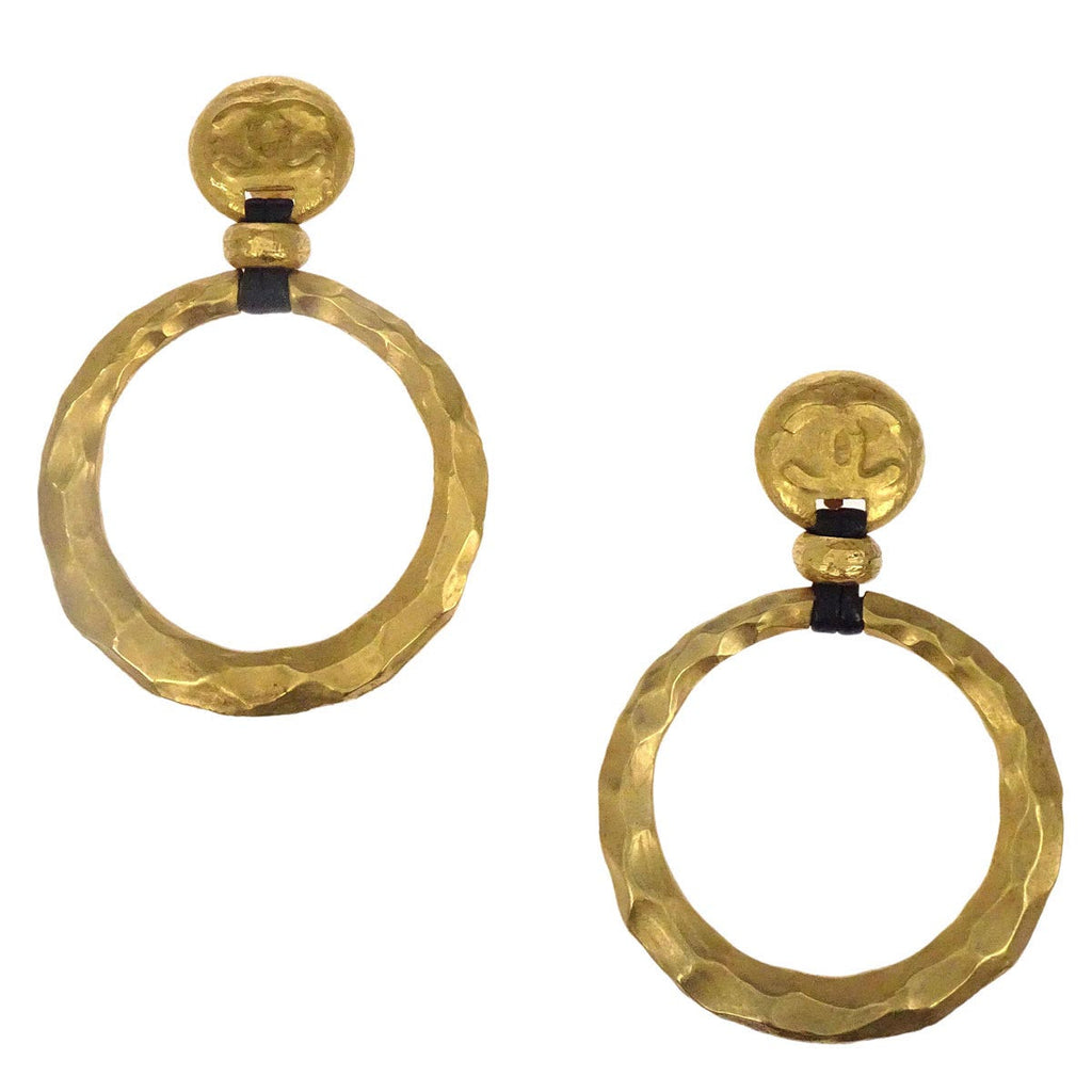 Chanel Dangle Hoop Earrings Clip-On Gold 93P
