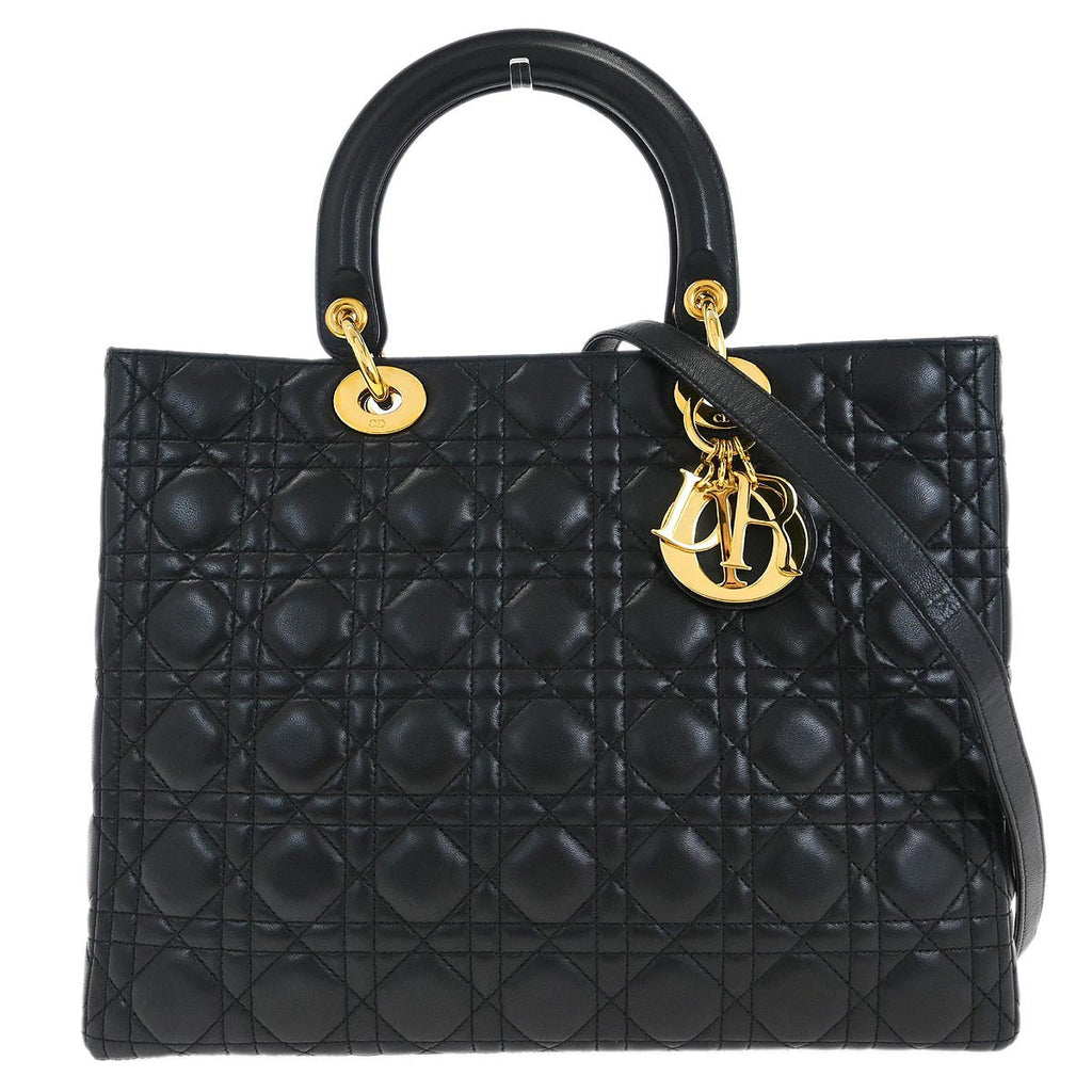 Christian Dior Black Lambskin Large Lady Dior Cannage 2way Shoulder Handbag