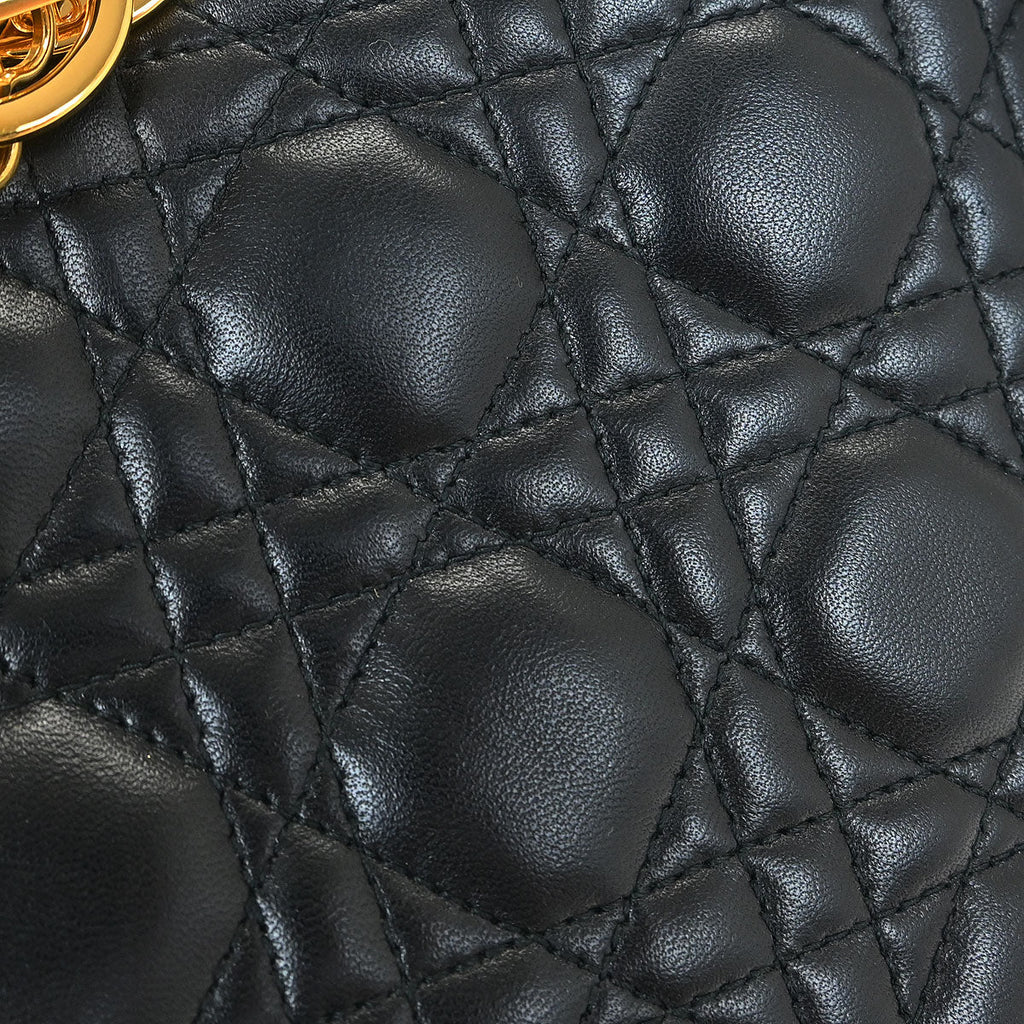 Christian Dior Black Lambskin Large Lady Dior Cannage 2way Shoulder Handbag