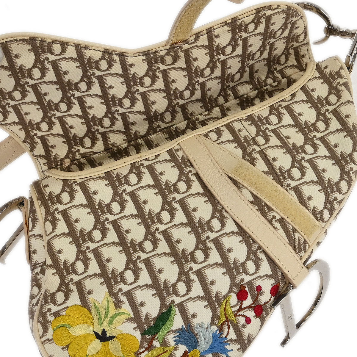 Christian Dior Ivory Embroidered Trotter Saddle Handbag