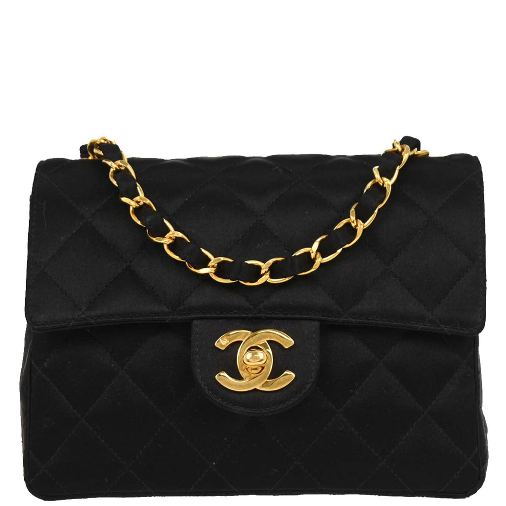 Chanel 1991-1994 Black Satin Mini Classic Square Flap Shoulder Bag