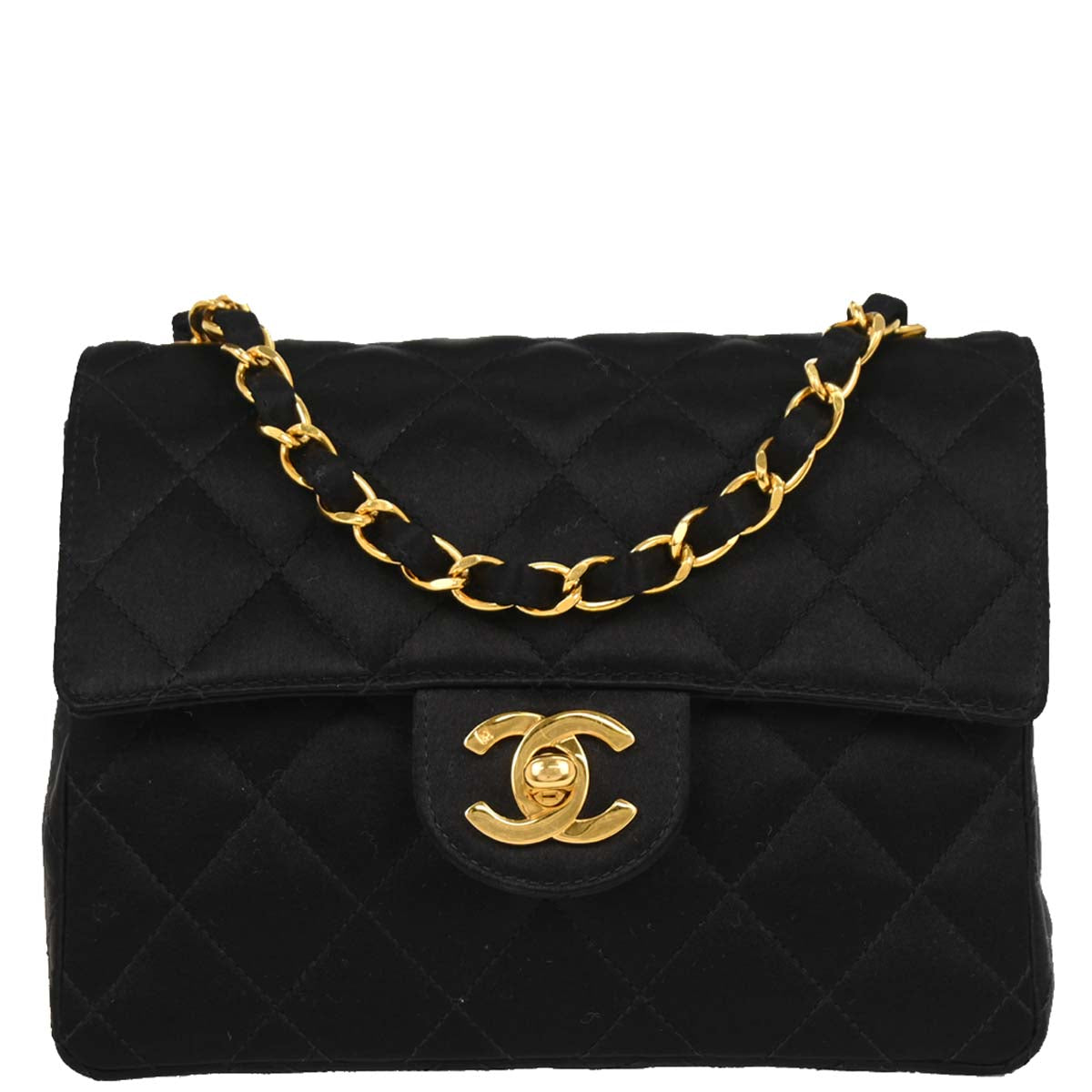 Chanel 1991-1994 Black Satin Mini Classic Square Flap Shoulder Bag