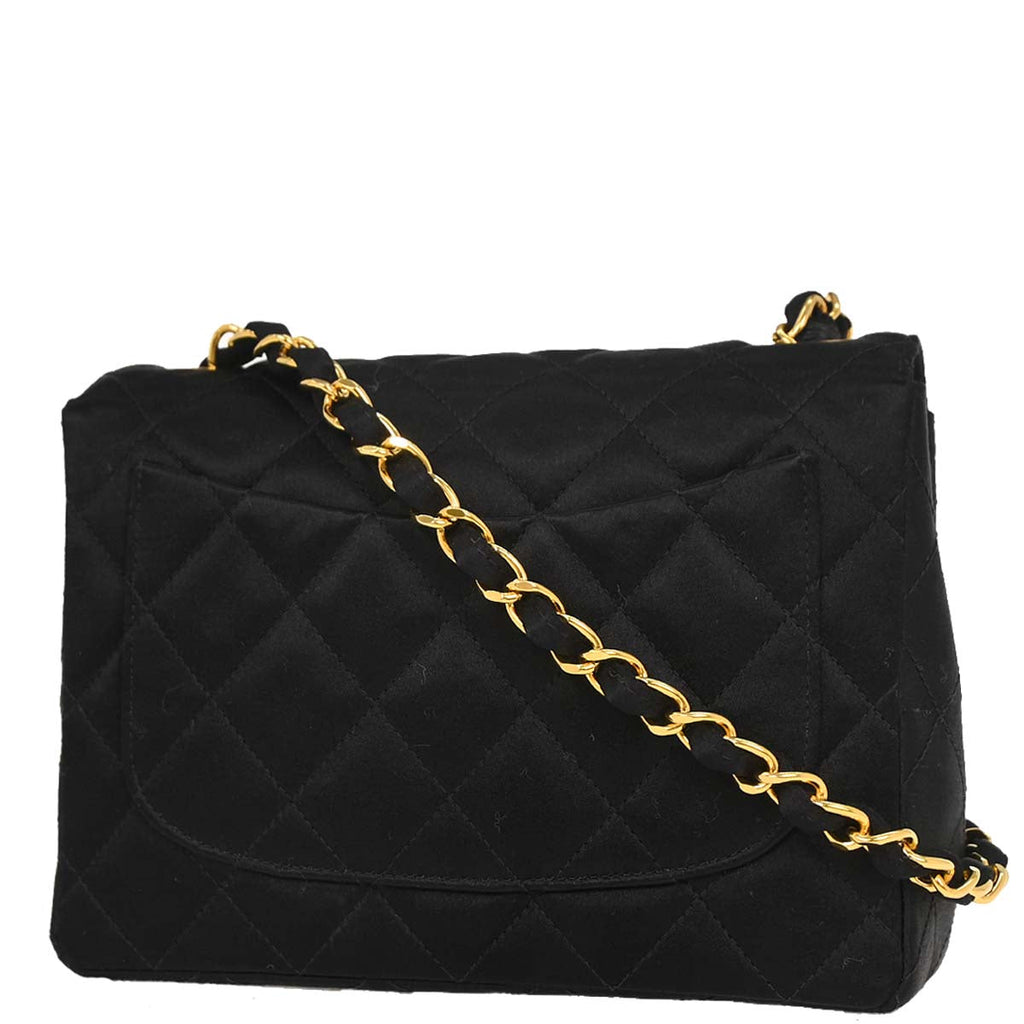 Chanel 1991-1994 Black Satin Mini Classic Square Flap Shoulder Bag