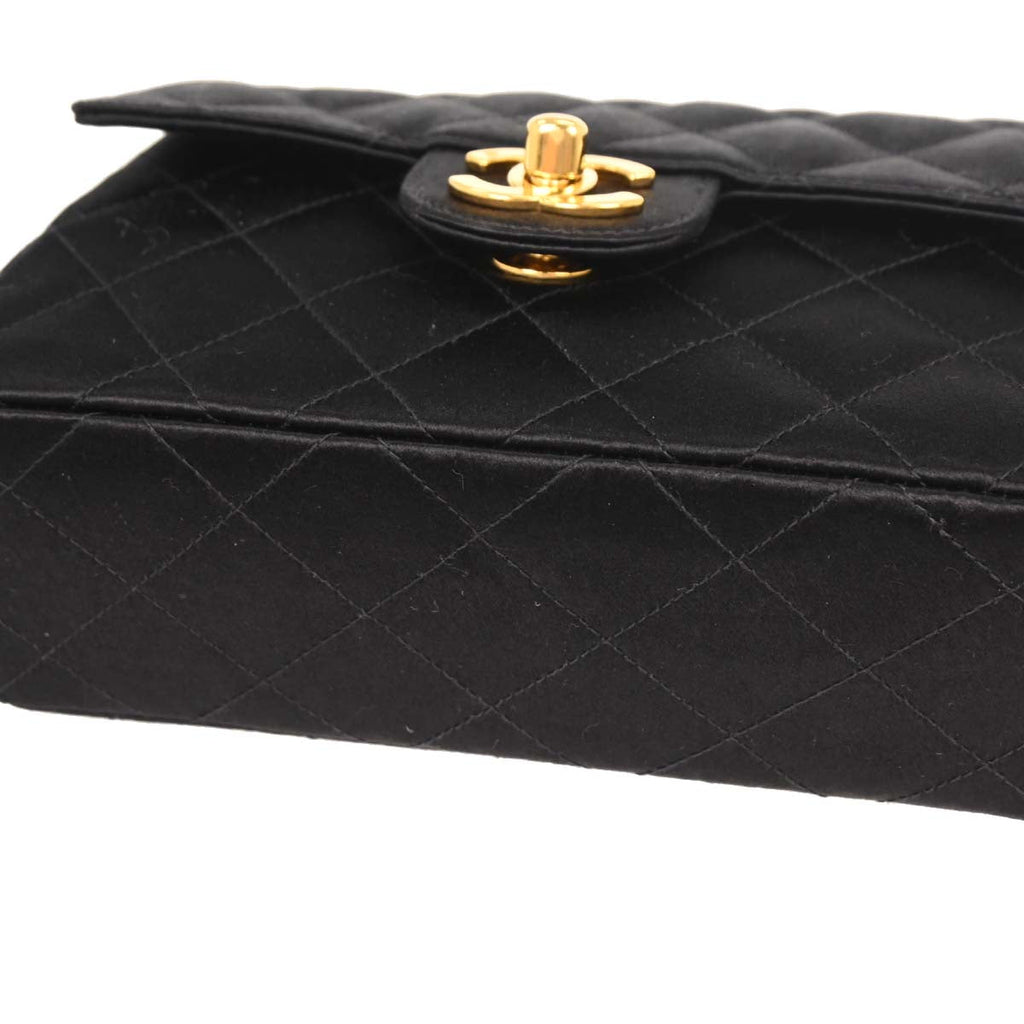 Chanel 1991-1994 Black Satin Mini Classic Square Flap Shoulder Bag
