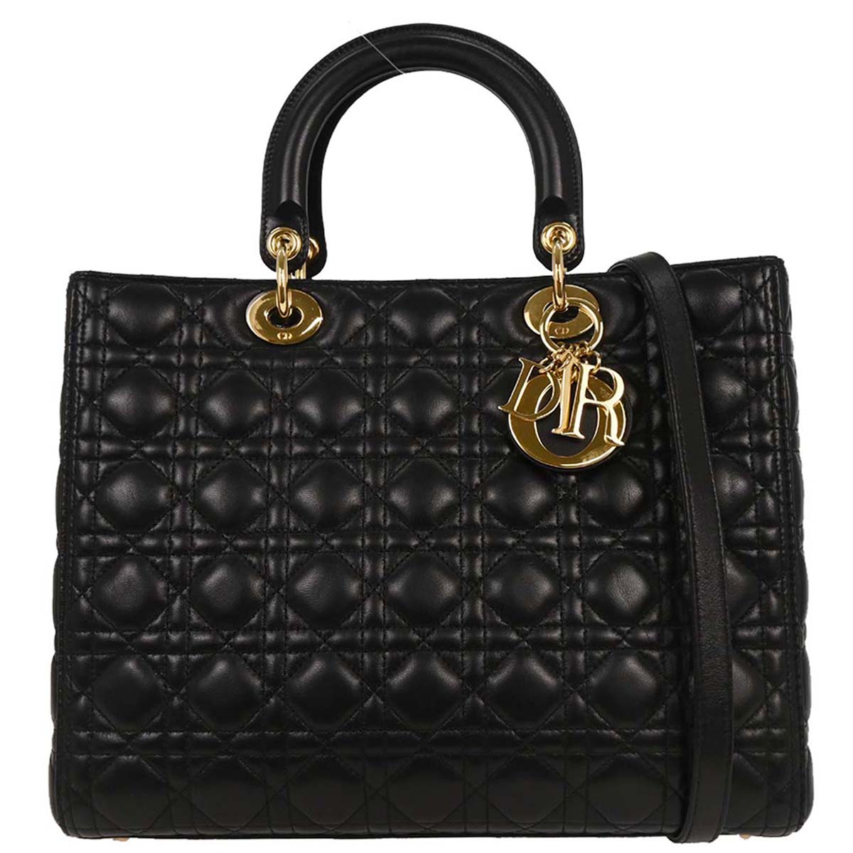 Christian Dior Black Lambskin Large Lady Dior Cannage 2way Shoulder Handbag