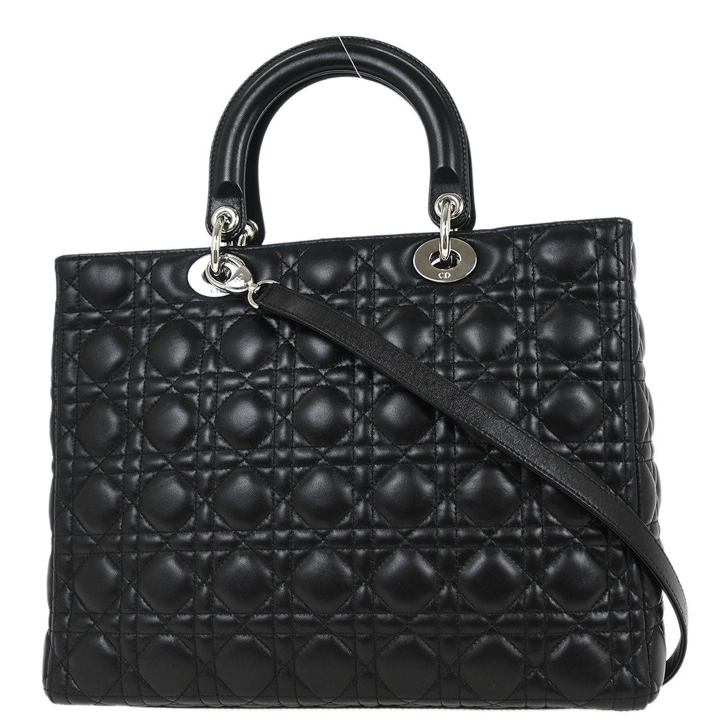 Christian Dior Black Lambskin Large Lady Dior Cannage 2way Handbag