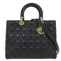 Christian Dior Black Lambskin Large Lady Dior Cannage 2way Handbag